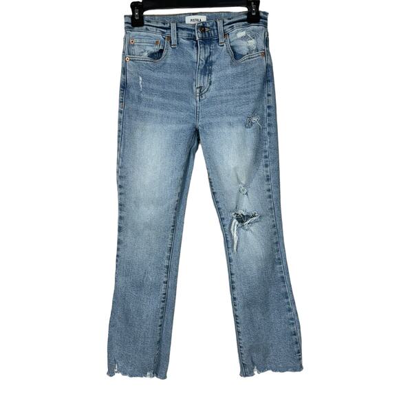 Pistola SZ 26 Jeans Distressed Frayed Hems Mid-Rise Light Wash Whiskered Blue - Picture 1 of 12